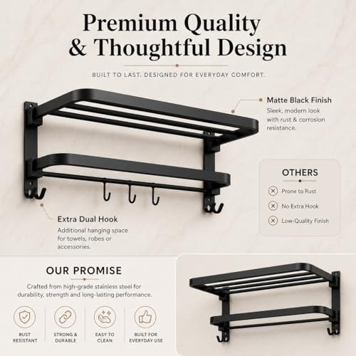 Image of Arena18 inch Folding Towel Rack with Shelf Stainless Steel Towel Holder in Bathroom Wall Mounted Towel Rack Stand in Bathroom Durable & Space Saving Matte Black Finish Bathroom Organizer (Packof 1)