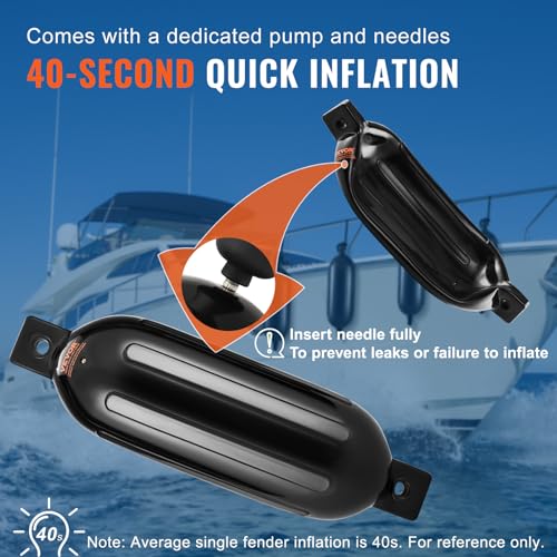 VEVOR Boat Fenders, 5.5" x 20" Boat Bumpers for Docking, Inflatable Ribbed Fender with Center Holes, Marine Boat Dock Fender Bumper with Air Pump, 4 Needles and 4 Ropes and Storage Bag, Black - image 4
