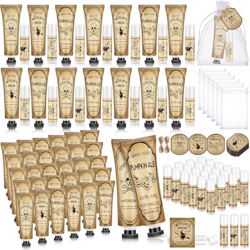 Dimsile 50 Sets Halloween Hand Cream and Lip Balm Gifts Bulk Spooky Skull Halloween Party Favors Vintage Apothecary Boo Basket Goodie Bag Stuffers for Women Adults with Tags & Organza Bags