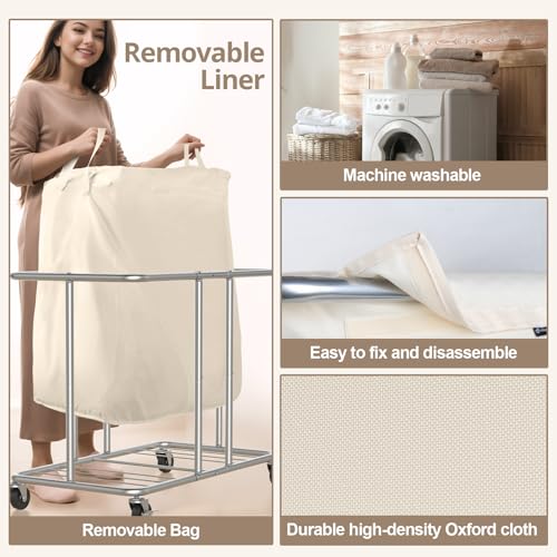Hodonas-Rolling-Laundry-Hamper-2-Section-Beige-315Lx1575Wx307H-230L61Gal-Storage-Capacity-with-Metal-Structure-Removable-Liner-and-Silent-Casters-Sturdy-Clothes-Hamper-for-Home