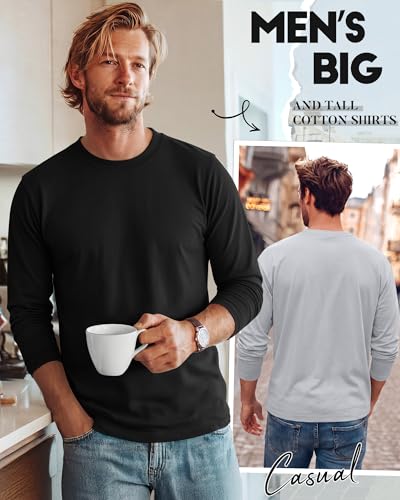 Image of August Alley 4 Pack Men's Big and Tall Cotton Shirts L-7XL, Long Sleeve Oversized Tops Loose Casual Large T-Shirts Basic Tee