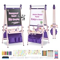 FUNLIO Foldable Anti-Warping Kids Art Easel, All-in-One for Kids Aged 3-8 with Paper Roll, 3 Height Adjustable Toddler Easel, Standing Easel with Magnetic Chalkboard/Whiteboard - Purple Foldable