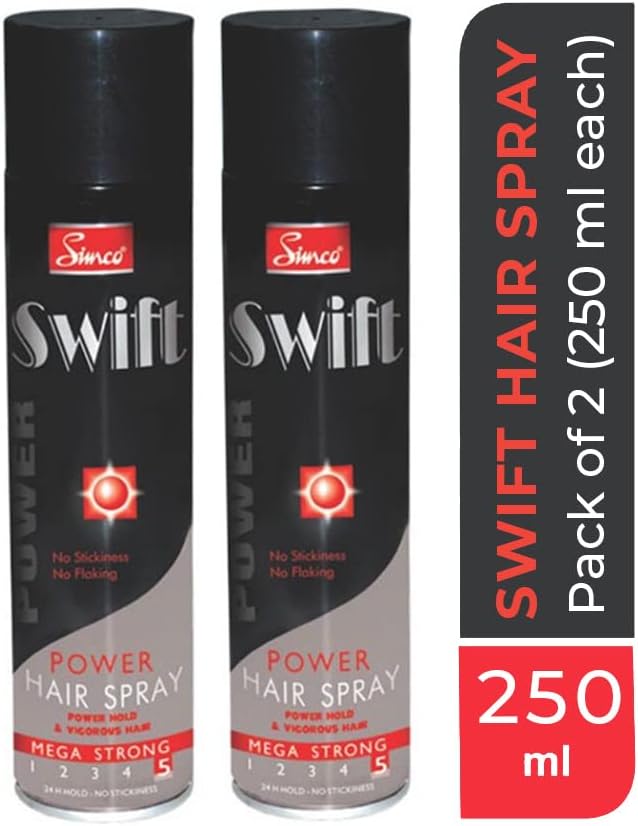 Swift Mega Strong Power Hair Spray (Combo Pack of 2, 250ml each) | No Stickiness No Flacking, Strong Hold | Best Hair Spray for Men & Women