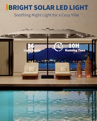 15FT Large Patio Umbrella with Base and Solar Lights, Double-Sided Rectangle Umbrella Oversized Shade for 8-10 People,36 LED Lights and Weighted Base for Pool, Deck, Backyard