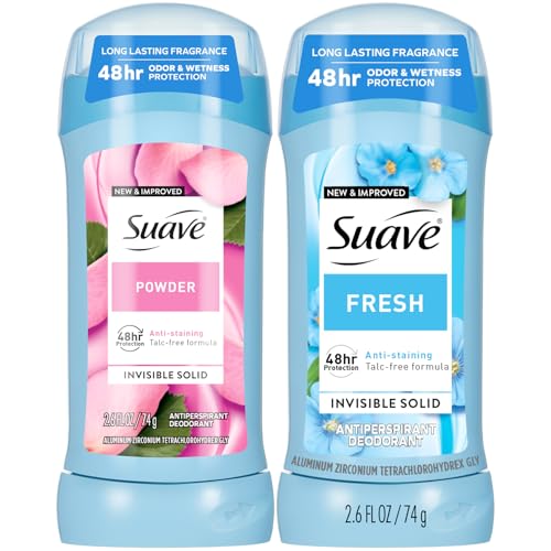 Suave Antiperspirant Deodorant for Women, Fresh & Powder Variety 2-Pack – Anti-Staining Invisible Solid Sticks, Talc-Free, 2.6 Oz Ea