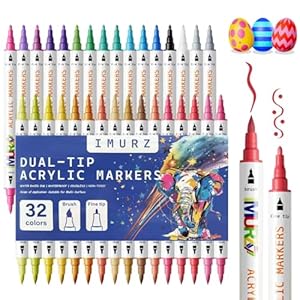 32 Colouring Pens Markers – Dual Tips, Acrylic Paint Pens Markers for Adult Coloring Books Multi-Surface, Rock Painting, Canvas, Wood, Fabric, Glass, DIY Crafts & Art Supplies