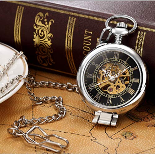 Reloj de bolsillo mecánico esqueleto vintage con colgante de plata horloge y cadena larga 2