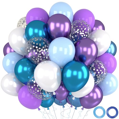 Ballons Anniversaire Bleu Violet Congelé , 52 Pièces Ballon Frozen Bleu Blanc Latex avec Flocon De Argent Confettis, Metallic Violet Helium Balloons pour...