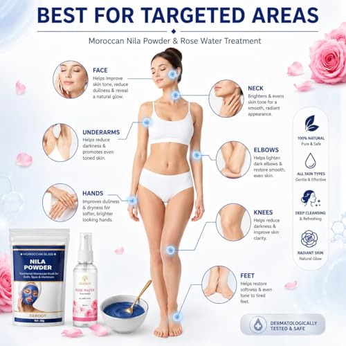 Image of Moroccan Nila Powder Blue Face Mask with Rose Water - Traditional Moroccan Hammam Spa Treatment for Face & Body - Brightening & Soothing Skin Care Set - 50g + 100ml