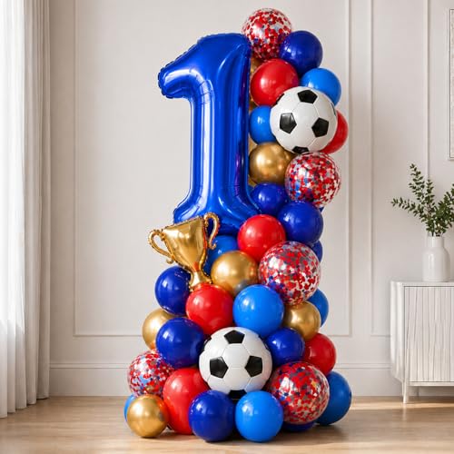 Image of Soccer Balloons, 12Inch Blue Red Gold Soccer Printed Latex Balloons, Navy Royal Blue Red and Metallic Gold Helium Balloon with Confetti Balloon for Sport Football Theme Boy Men Birthday Party Decor