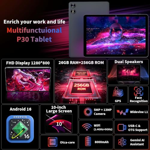 Image of 10 inch Tablet with Keyboard - 2026 Gemini AI Android 16 Tablet,Silver Case