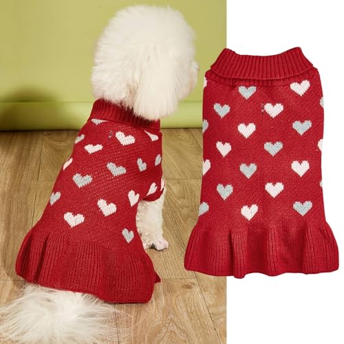 Yaopelky Small Dog Jumper Dress with Heart Pattern Valentine’s Day Puppy Sweaters Knitted Turtleneck Pet Outfits Warm Dog Clothes for Small Dogs Cats (Red