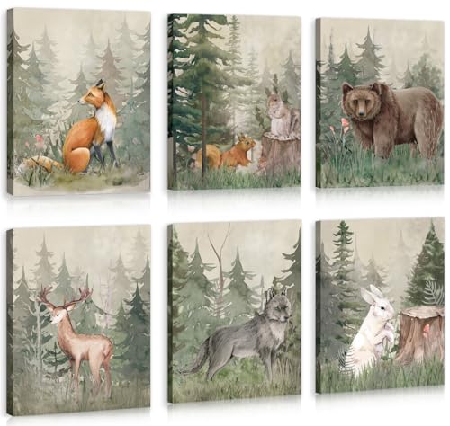 Image of HPNIUB Woodland Animal Nursery Canvas Wall Art, Wild Animals Forest Paintings, Set Of 6 Piece (8x10inch,Framed) Watercolor Fox Bear Deer Poster Printing Artwork for Kids Room Boys Room Home Decoration