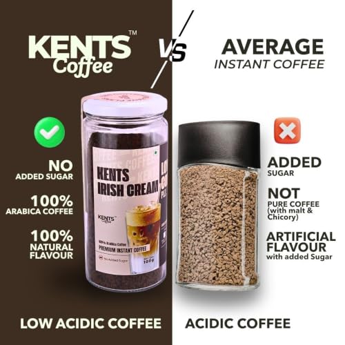 Image of Kents Coffee Irish Cream Instant Coffee | 100% Arabica Beans | No Added Sugar & No Chicory | Low Acidic Strong Coffee | Non-Alcoholic Irish Flavour for Hot, Iced Latte & Frappe (100g)