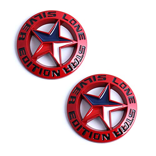 Muzzys (Set of TWO) -RED- LONE STAR SILVER EDITION Texas Emblem Decal Longhorn Badge Universal Stick On FITS Chevy Silverado Suburban Tahoe GMC Sierra F150 Ranger F-150 Ram Nissan Titan Truck Fender