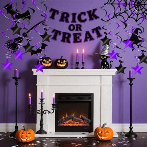 Image of BEISHIDA Black Purple Star Halloween Hanging Swirl Decorations, Halloween Party Supplies for Horror Party Wedding Baby Shower Birthday Decorations,Pack of 15