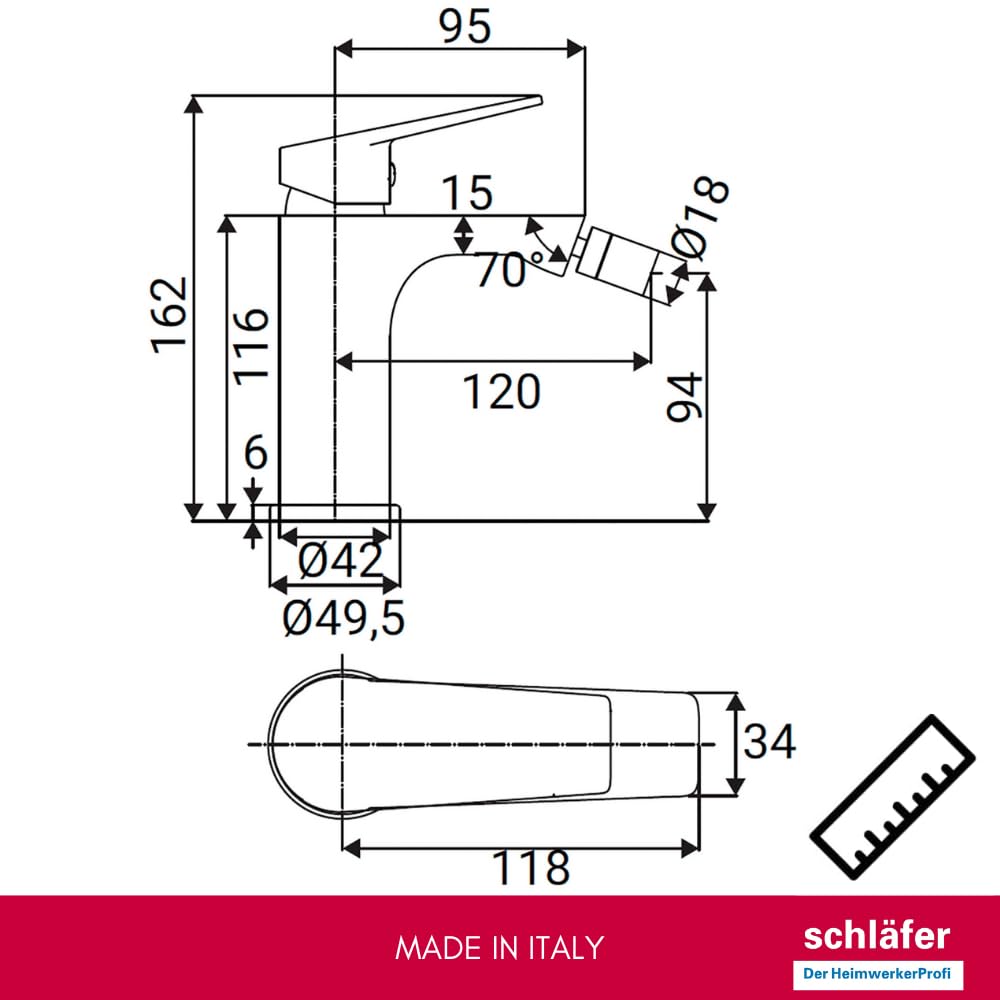 Schläfer 26505015 | Miscelatore Monocomando per Bidet Bagno serie Leonardo con Scarico automatico 1 1/4, Rubinetto Monoforo Cartuccia diam35mm Cromo Argento, Made in Italy