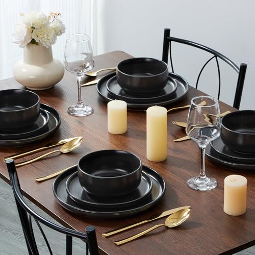 Image of E-far 8 inch Ceramic Salad Plates Set of 6, Stoneware Dishes Dessert Plate for Home Kitchen Restaurant, Microwave & Dishwasher Safe - Matte Black