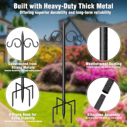 Image of Double Shepherds Hooks for Outdoor, 92 Inch Heavy Duty Bird Feeder Pole with 5 Prongs Base, Adjustable Shepherds Hook for Bird Feeder, Garden, Weddings, Hanging Plant, 1 Pack