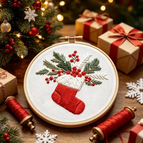 Image of Christmas Embroidery Kits for Adults, Beginner DIY Embroidery Starter Kit | Christmas Embroidery Kit for Beginners, Stockings Pattern, Cotton Threads, Needles, Instruction, 20cm Hoop