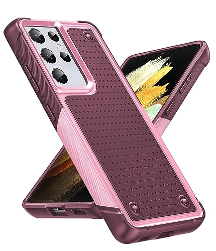 LeYi for S21 Ultra Phone Case: Samsung Galaxy S21 Ultra Case for Women Girls, Dual Layer Protective Hard PC Back & Soft Bumper Resilient Shock Absorb Cell Case Cover for Samsung S21 Ultra, Red Pink