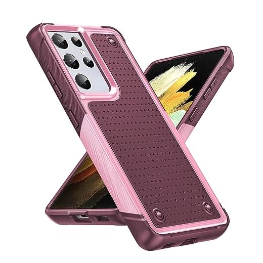 LeYi Capa para celular S21 Ultra: Capa para Samsung Galaxy S21 Ultra para mulheres e meninas, capa protetora de camada dupla de policarbonato rígido e amortecedor macio resistente à absorção de choque capa para Samsung S21 Ultra, rosa vermelho