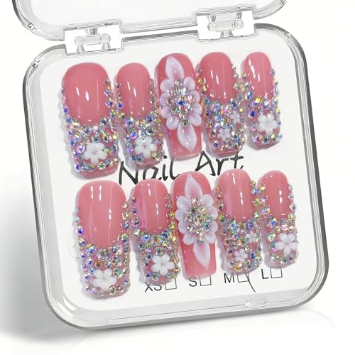 10 Pcs Handmade Press on Nails Long Square Fake Nails with 3D Flowers Rhinestones Charms Design Pink Acrylic False Nails Wedding Party Press Ons Nails Square for Women - M Size