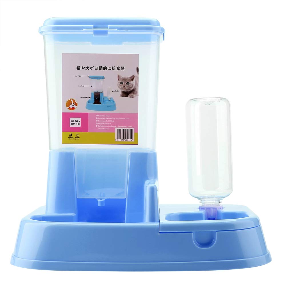 Alimentatore Automatico per Cani e Gatti Distributore di Cibo e Acqua 2 in 1 Materiale Ecologico Grande capacità 500 Ml 34 * 27 * 35 Cm (Blu)