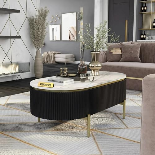 Image of WOODEN SPACE Premium Marble-Top Center Table with Iron Legs | PVD Coated Modern Coffee Table for Living Room & Entryway | 42x24x18 Inches (Black)