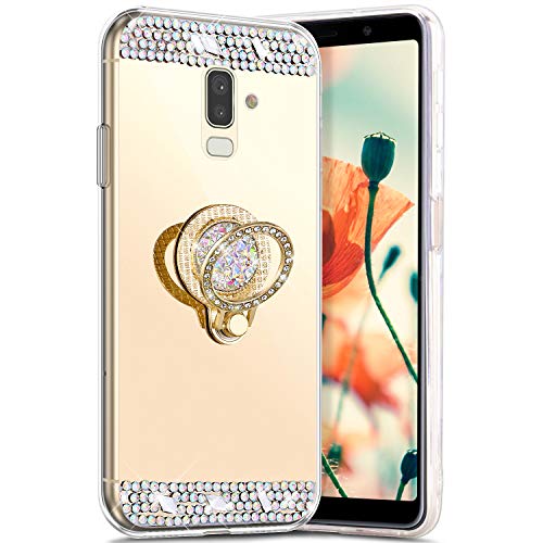 Robinsoni Case Compatible with Samsung Galaxy J8 2018 Phone Cover Flexible Galaxy J8 2018 Case Sparkle Silicone Case Diamond Edge Bling Case 360 Degree Rotation Ring Cover Mirror Effect Case Gold