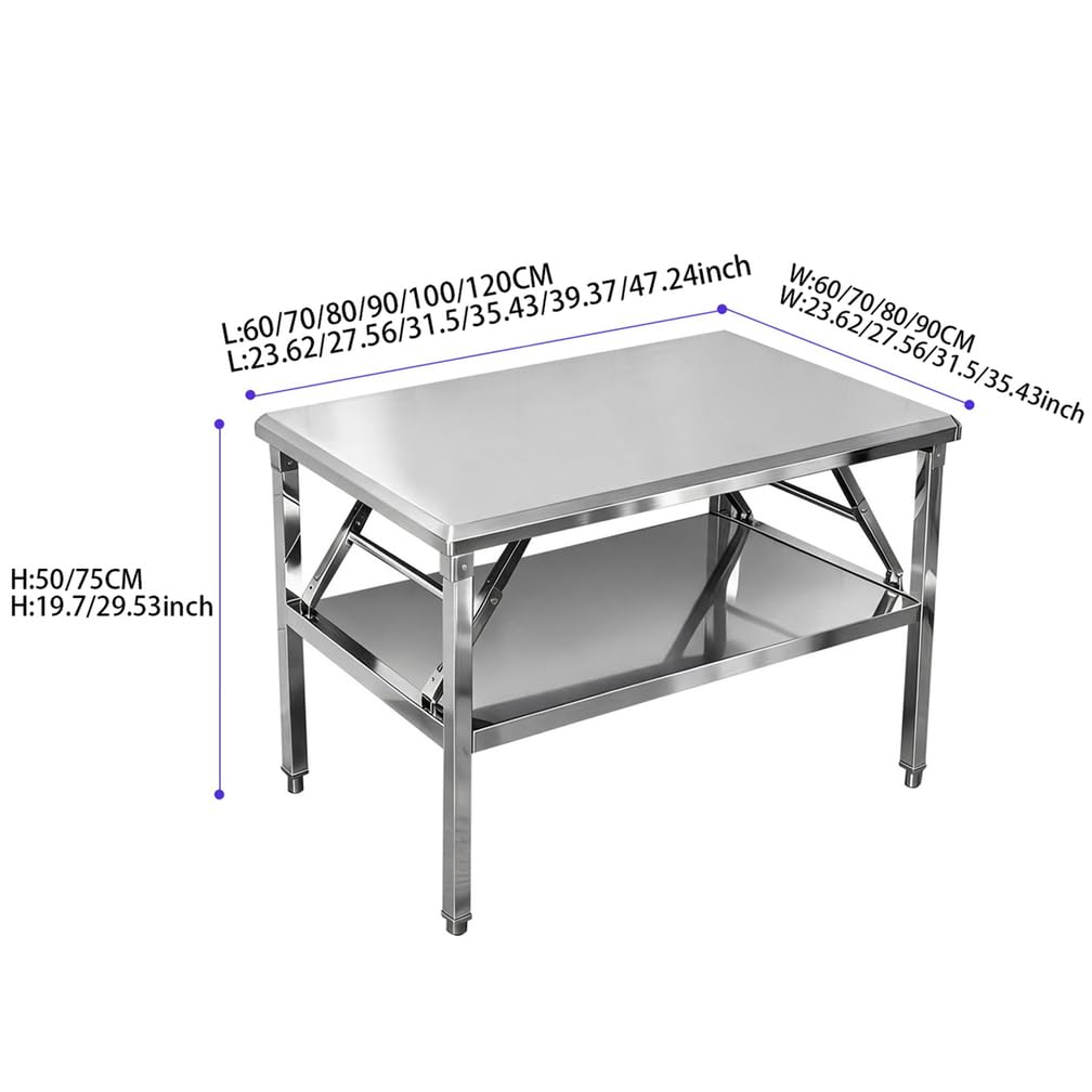 Tavolo da Preparazione in Acciaio Inossidabile - Tavoli da Cucina Pieghevoli Professionale con Ripiano Inferiore Regolabile, Banco da Lavoro Portatile per Ristoranti,Argento,L60*H50*W60