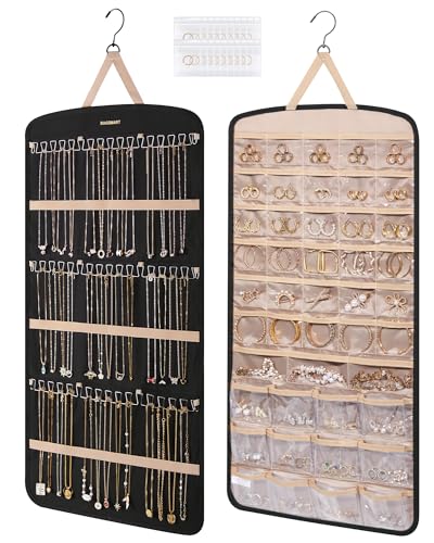 BAGSMART Hanging Jewelry Organizer, Necklace Holder Anti-tangle Earrings Rings Hanger with Pockets Hang on Closet, Wall, Door,1 Piece, Extra Large Black