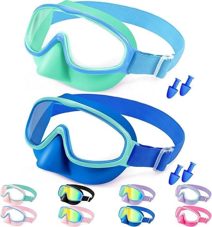 Vvinca Kids Goggles with Nose Cover Comfort Fabric Strap Kids Swim Goggles Wide View Diving Mask Anti-Fog/UV No Leaking Swimming Goggles for 3-14