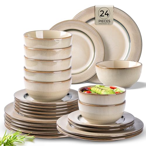 Image of GBHOME Ceramic Dinnerware Sets, 24 pcs Embossed Elegant Stoneware Plates and Bowls Sets, Housewarming Wedding Gift | Dishwasher & Microwave Safe | Dishes Set Service for 8
