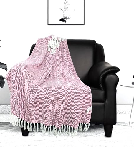 Image of Chevron 60X50 Inch Reversible Cotton Throw Blanket With Tassels| Blanket For Living Room, Sofa, Bed, Chair, Picnic & Used For Gift | Pink Wide Chevron, Size 150X125 Cm, 300 tc