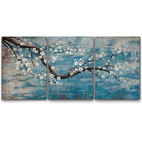 Image of Extra Large Wall Art for Living Room 100% Hand-Painted Framed Decorative Floral Oil Painting Set Decorative Modern Blue Tree Artwork Ready to Hang 72 inchx36 inch