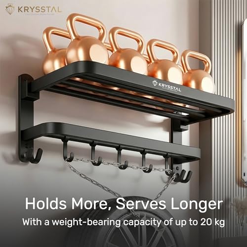 Image of Towel Holder in Bathroom - Towel Hanger for Wall,TwinFlex 304 Stainless Steel Foldable Towel Rack, Rustproof Wall Mounted Bathroom Shelf with Hooks, Heavy Duty Bathroom Accessories,24 Inch, Black
