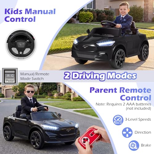 Image of Costzon Ride on Car, 12V Licensed Ford Mach E Kids Electric Vehicle with Parent Remote, LED Lights, Horn, Music, Wireless Connection & Spring Suspension, Kids Car Toy for Girls Boys (Deep Black)