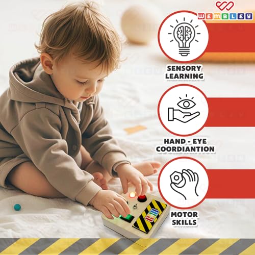 Image of Wembley Busy Board| Interactive & Engaging Game | Anti-Shock, Safe| Durable Wooden Busy Board with Smooth Edges| Battery-Operated with 3 Lights & Switches (3 Switches & Lights)