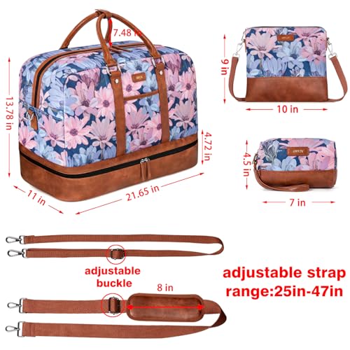 Image of Weekender Bag for Women, Large Overnight Bag Canvas Travel Duffel Bag Carry On Tote with Shoe Compartment 21 inch 3Pcs Set, A10-brown+blue flower, Large