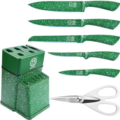 XYJ Authentic Since 1986, Knife Block Set, Professional Chef Knives Set With Knife Holder, Green Color Stainless Steel Knife, Meat Cleaver Slicing Cooking Kitchen Knife Kit