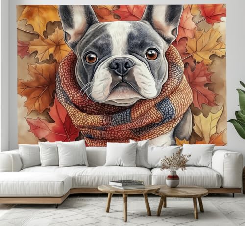 Tapiz de bulldog en otoño para decorar el dormitorio con un toque cálido y acogedor