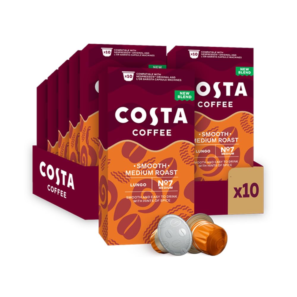 Costa Smooth Medium Roast Aluminium Coffee Pods (Pack of 10, Total 100 Coffee Capsules)