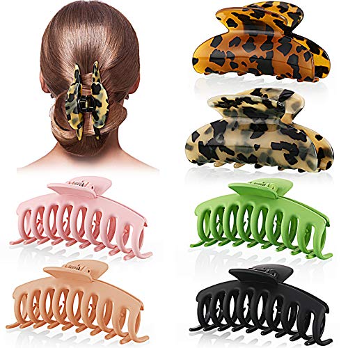 6 Pieces Banana Hair Claw Clips Tortoise Hair Clips Nonslip Large Big Hair Claw Barrettes Celluloid French Style Leopard Print Hair Accessories for Women and Girls, 2 Styles
