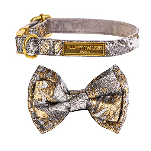 Fluffy Tailers Luxury Occasion Dog Collar With Detachable Bow Tie in Grey Gold Silk (Extra Small) - Image 2