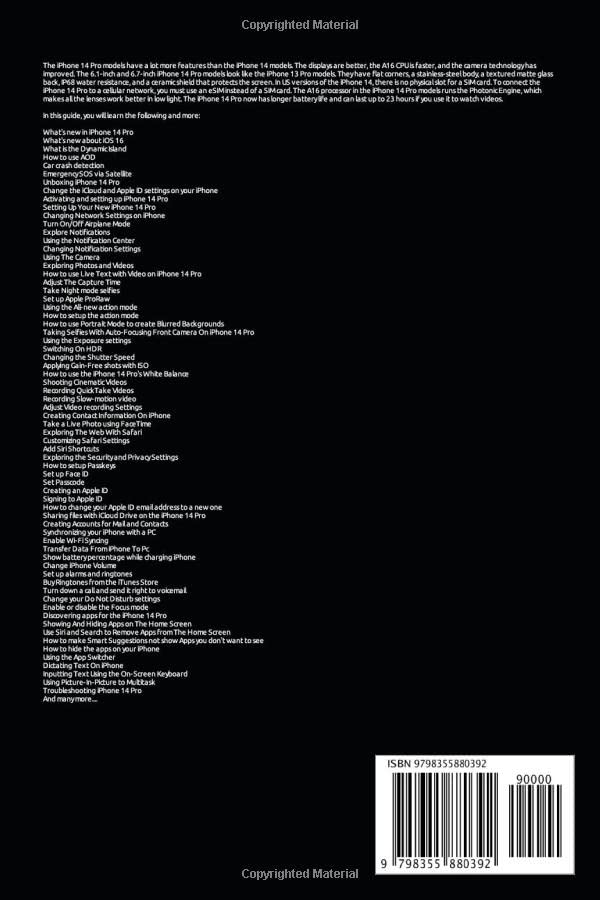 Back cover of the iPhone 14 Pro User Guide book