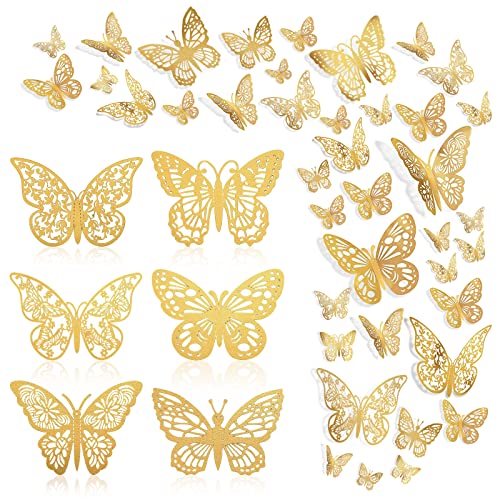 144 Pcs Gold Butterfly Wall Decor, Butterfly Cake Toppers 3D Butterfly Stickers 6 Styles and 3 Sizes, Removable Mural Stickers Decorative Butterflies Metallic Butterfly Decorations for Walls