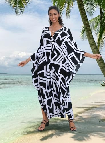 Image of Yanziliu Kaftan Dress for Women,Plus Size Hawaiian Batwing Sleeve Beach Cover Up Summer Swimsuit Dresses