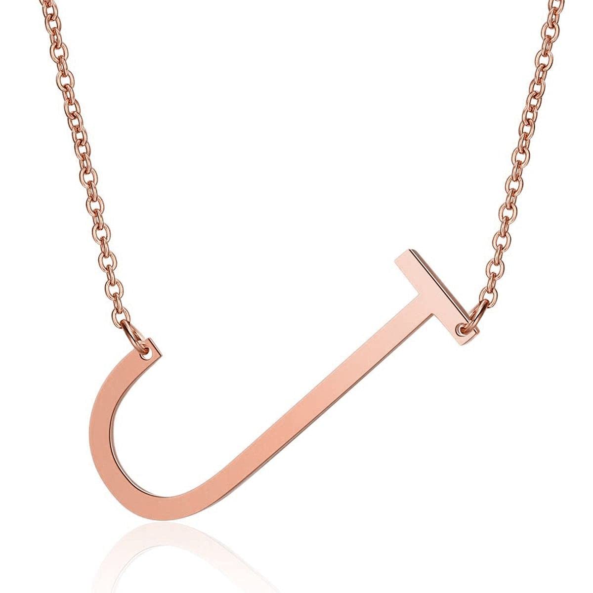 ZIVOMSideways Alphabet Initial Large Letter Rose Gold Stainless Steel Pendant Necklace Women