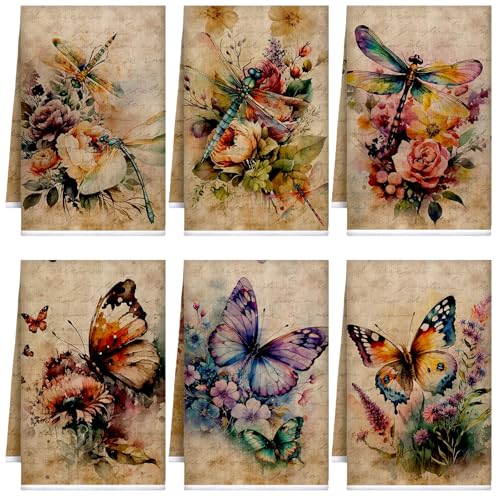 Image of Bencailor 6 Pcs Butterfly Flower Kitchen Towels Decorative Sets Dish Towels Absorbent Fast Drying Hand Tea Vintage Hanging Reusable Cleaning Dishcloths for Cooking Farmhouse Bathroom Accessory